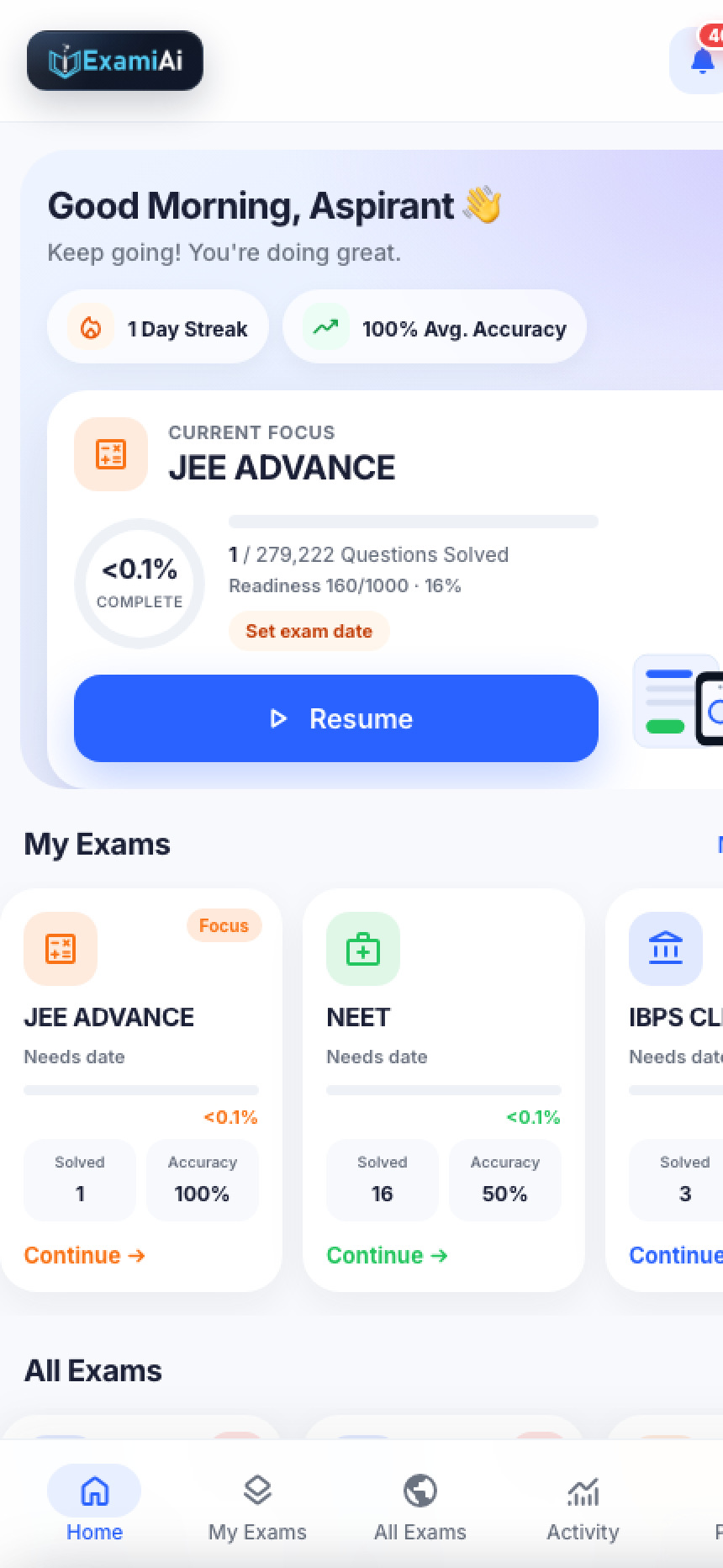 ExamiAI student dashboard showing current focus, readiness score, and my exams