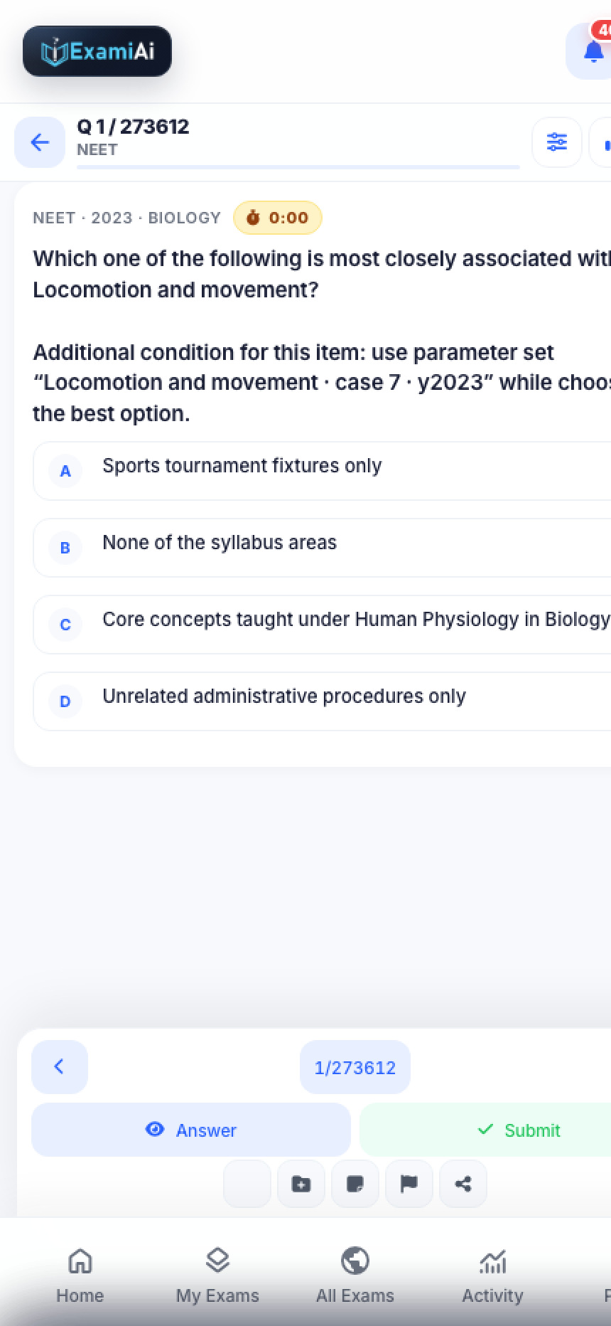 ExamiAI PYQ practice screen