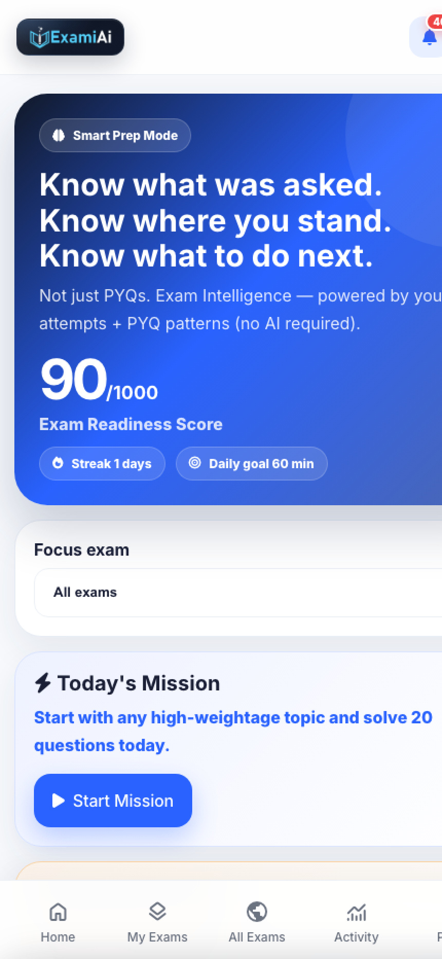 ExamiAI Intelligence screen