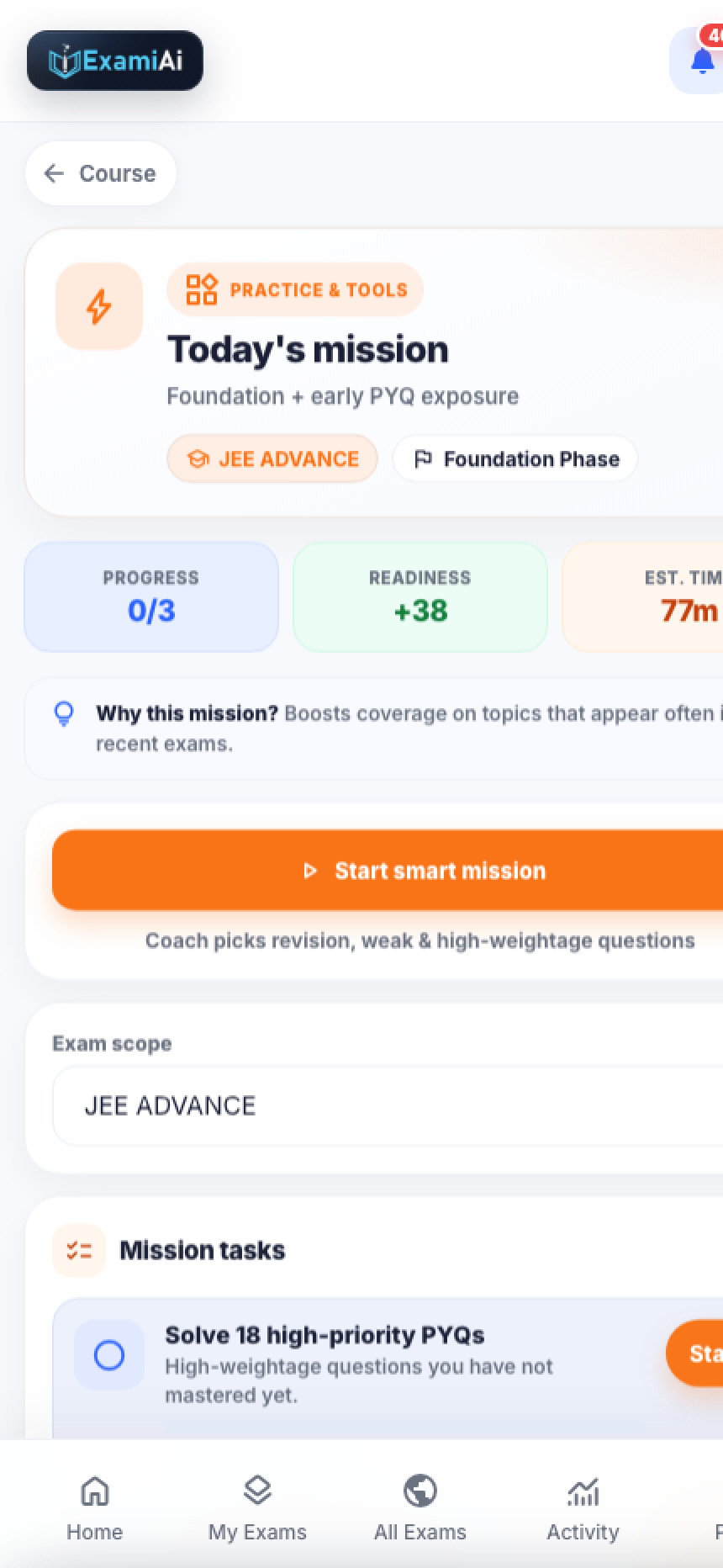 ExamiAI Daily mission screen