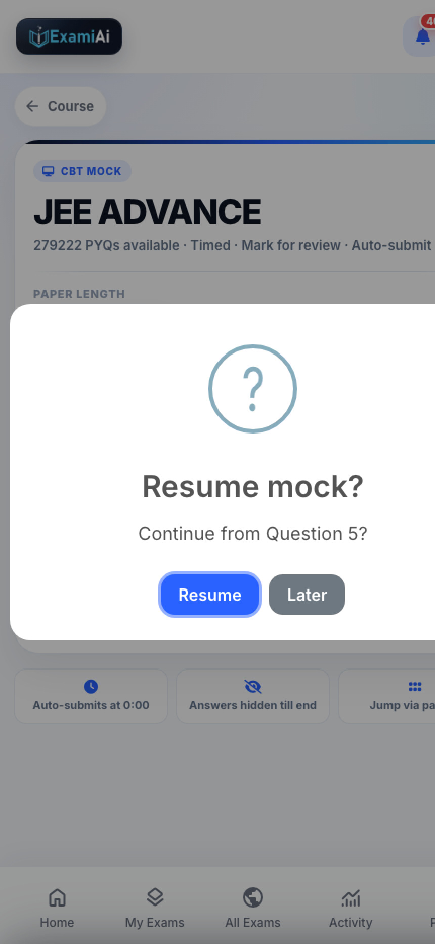 ExamiAI Timed mocks screen