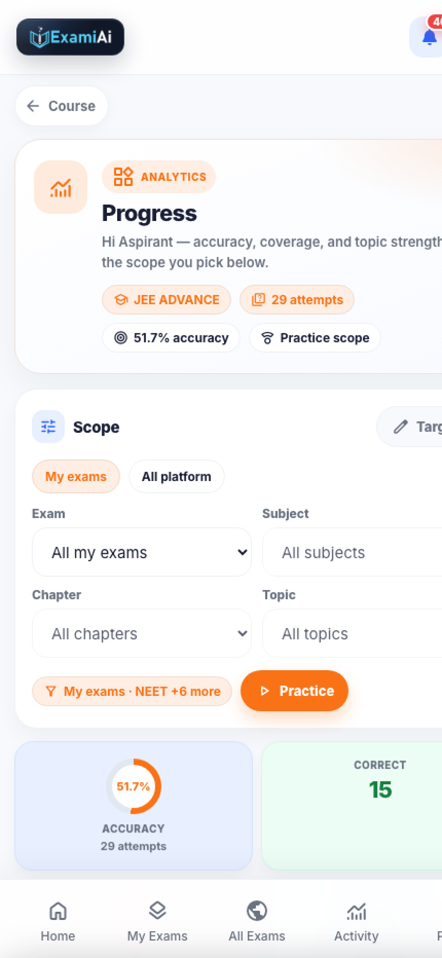 ExamiAI Progress screen